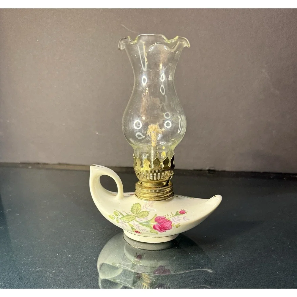 Vintage‎ Miniature Porcelain Oil Lamp w/ Roses Floral Design 6.75